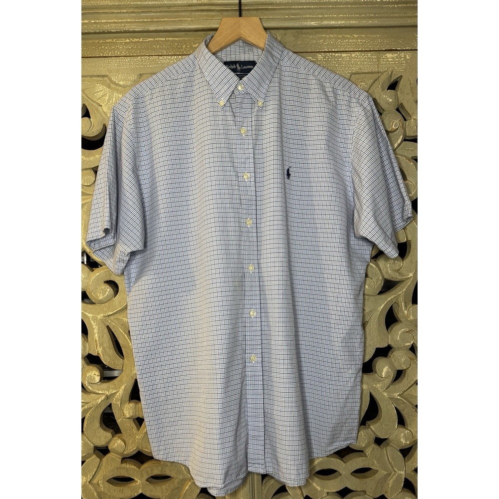 Ralph Lauren Vintage Button Down Shirt Men's Large Blue Check Short Sleeve
